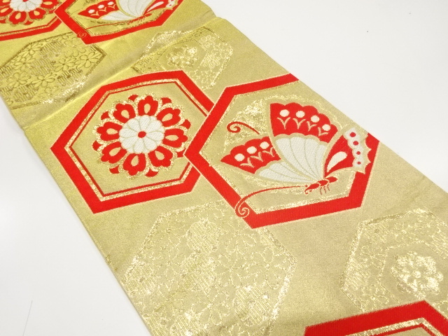 JAPANESE KIMONO / ANTIQUE FUKURO OBI / WOVEN BUTTERFLY & FLORAL CREST